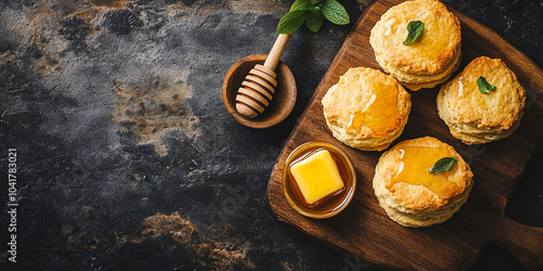 Honey Butter Biscuits with a side of honey and butter for dipping.