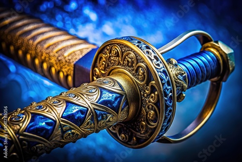 Cossack Sword Scabbard Macro Photography - Blue Background photo