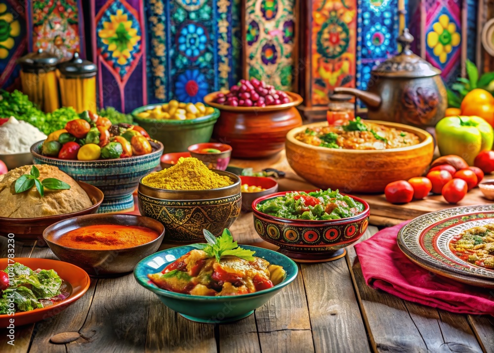 Fototapeta premium Celebrating Cultural Diversity with a Shared Meal: A Vibrant Table Setting for Unity and Togetherness