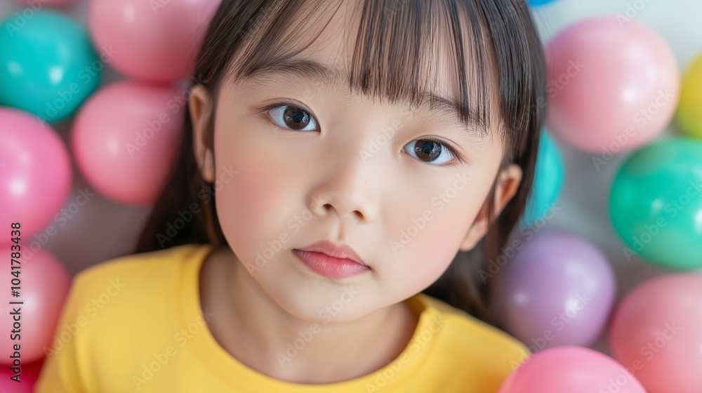 Asian girl with plastic balls around Asian girl with plastic balls around