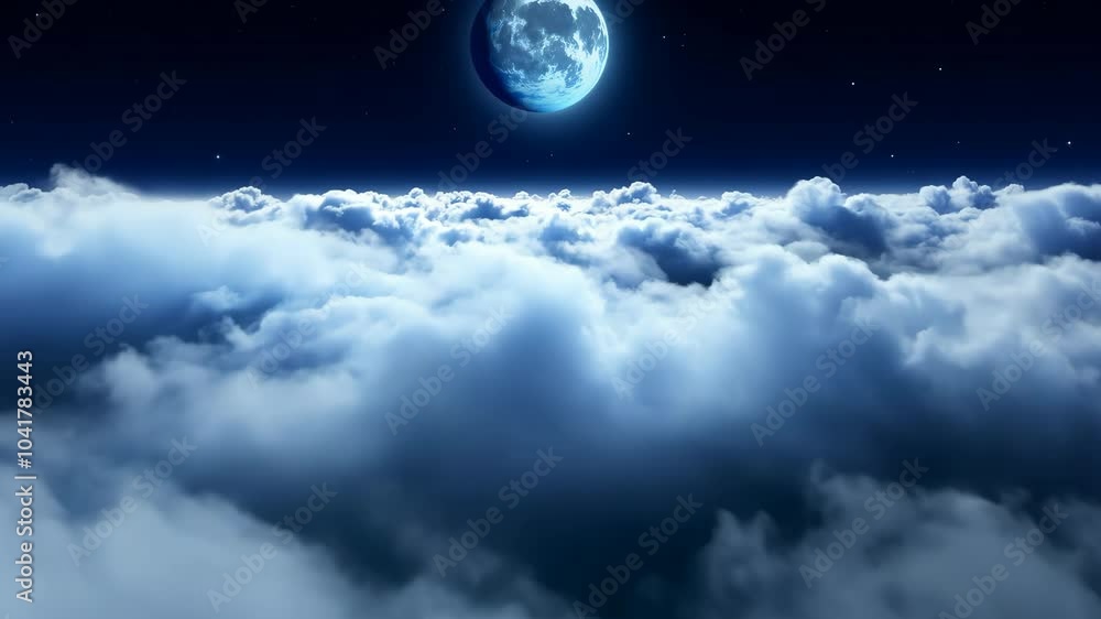 Flying Through Clouds at Night with Big Blue Moon and Stars Flying Through Clouds at Night with Big Blue Moon and Stars