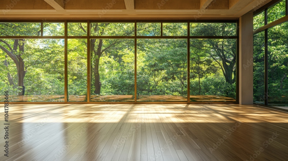Fototapeta premium Empty yoga room with wooden floors and big windows, perfect for retreats and classes.