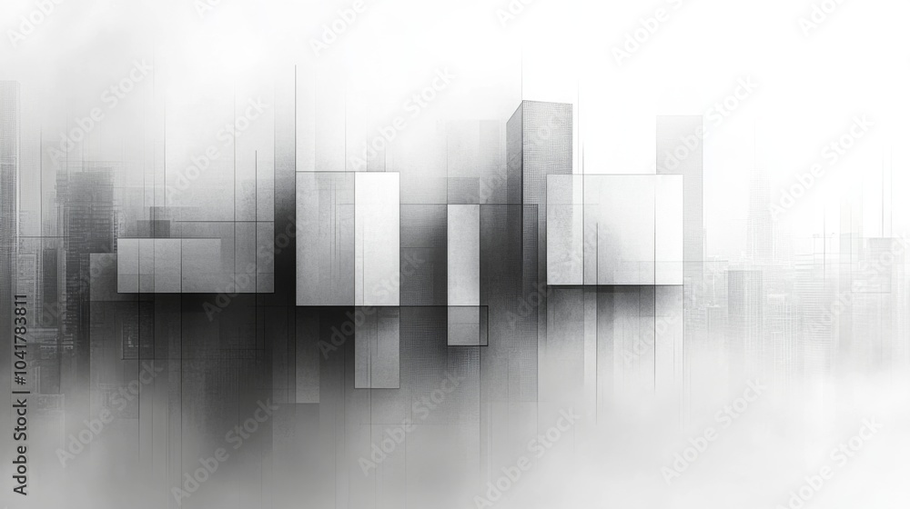 The urban skyline is shrouded in fog, featuring abstract, geometric buildings of various heights. The soft light of early morning creates a mysterious atmosphere, blending shadows and shapes. The urban skyline is shrouded in fog, featuring abstract, geometric buildings of various heights. The soft light of early morning creates a mysterious atmosphere, blending shadows and shapes.