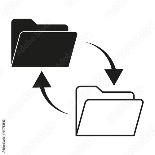 Folder transfer icon. Data exchange symbol. File sharing vector. Black document shape.