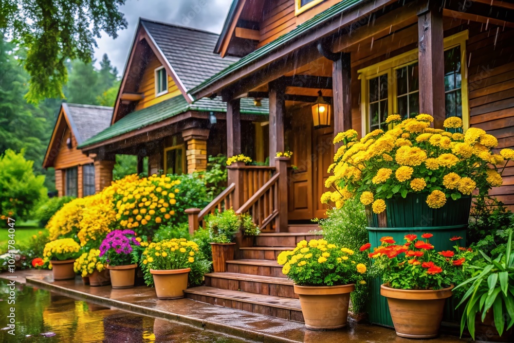 Charming House with Porch and Vibrant Yellow Flower Garden After Rain - Candid Photography Charming House with Porch and Vibrant Yellow Flower Garden After Rain - Candid Photography