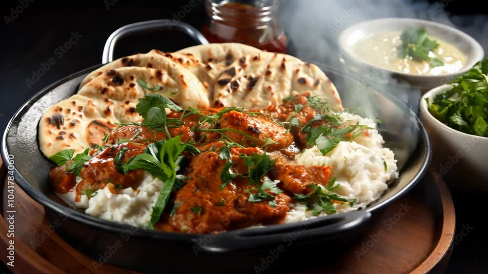 Delicious chicken curry with naan and rice served in a traditional bowl Delicious chicken curry with naan and rice served in a traditional bowl