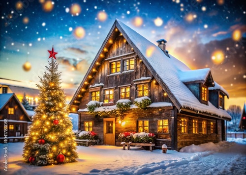 Charming Old Wooden House with Christmas Tree in Sunny Winter Village Street Bokeh Effect