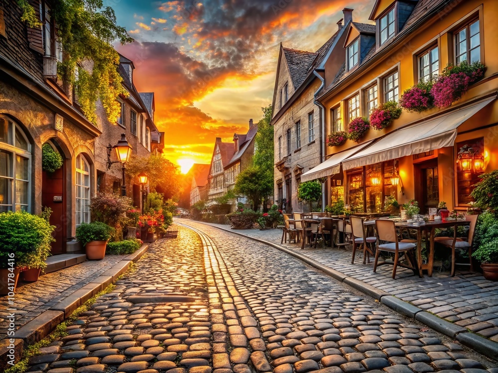 Fototapeta premium Charming Sunset on Cobblestone Street with Historic Houses - Tranquil and Nostalgic Food Photography