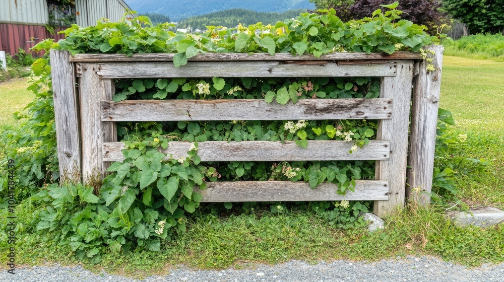 Overgrown Wooden Planter Box in Green Landscape Overgrown Wooden Planter Box in Green Landscape