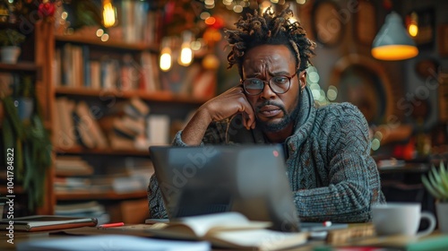 Upset Worried Man Using Laptop.