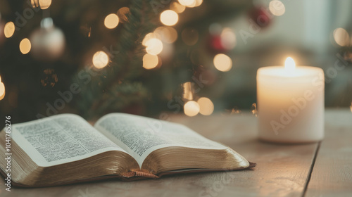 Wallpaper Mural Open Bible with Christmas Decorations and Candle on Table Torontodigital.ca