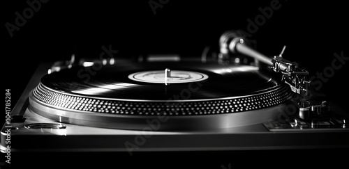 Black and white image of a vinyl record on a turntable