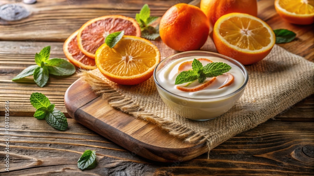 A bowl of creamy yogurt topped with fresh orange slices and a sprig of mint, resting on a rustic wooden surface, surrounded by halved oranges and sprigs of mint. A bowl of creamy yogurt topped with fresh orange slices and a sprig of mint, resting on a rustic wooden surface, surrounded by halved oranges and sprigs of mint.