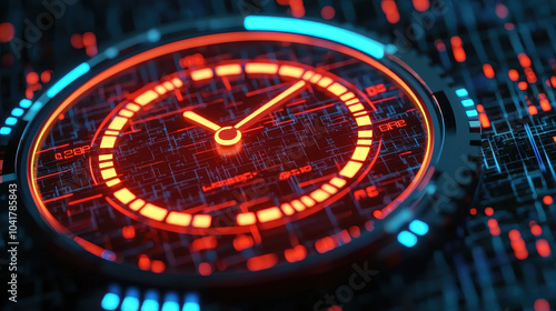 Wallpaper Mural Futuristic digital clock with glowing red and blue elements, showcasing intricate circuit patterns and high tech design. This evokes sense of advanced technology and innovation Torontodigital.ca