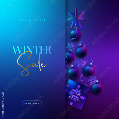 Winter sale banner with neon Christmas tree and gifts