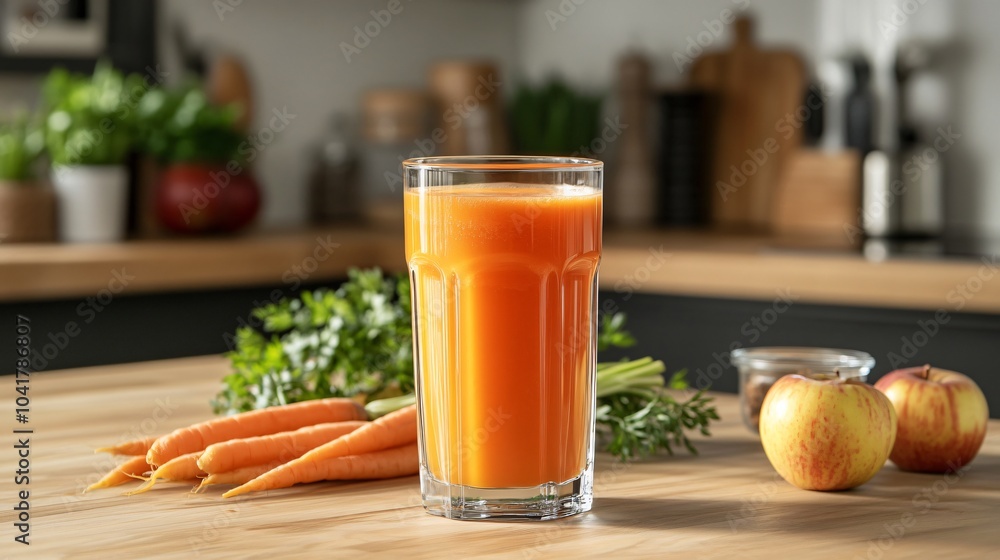 Fresh Carrot Juice in Glass on Wooden Table Fresh Carrot Juice in Glass on Wooden Table