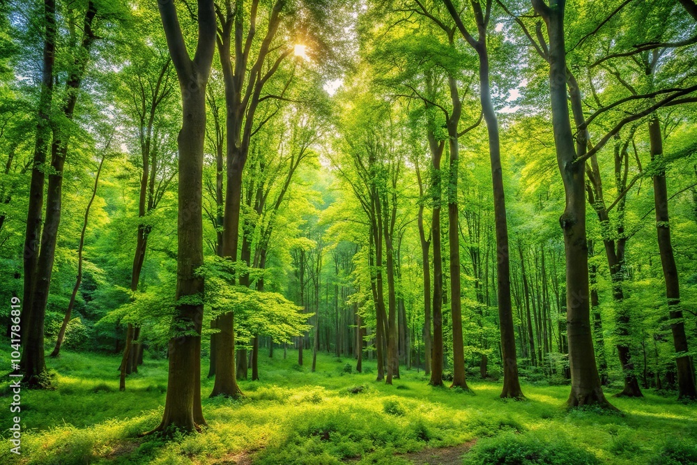 A lush green forest landscape with tall trees and vibrant foliage, forest floor, wilderness A lush green forest landscape with tall trees and vibrant foliage, forest floor, wilderness