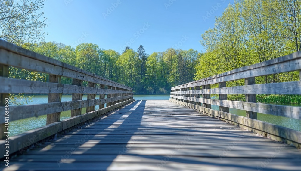A serene wooden bridge leads over calm waters, surrounded by lush greenery under a clear blue sky, inviting tranquility and nature exploration. A serene wooden bridge leads over calm waters, surrounded by lush greenery under a clear blue sky, inviting tranquility and nature exploration.