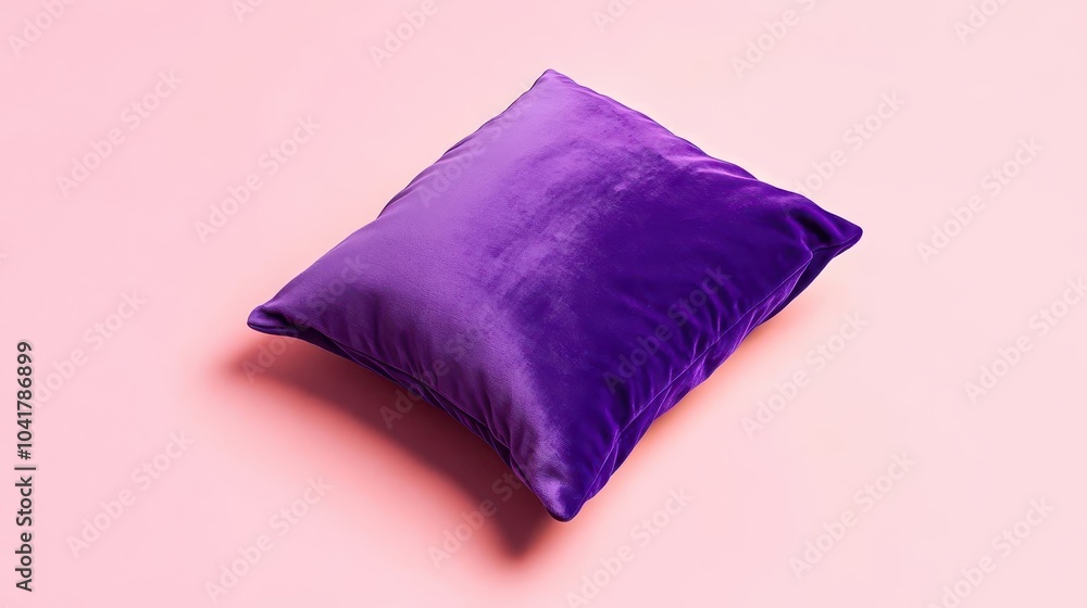 A purple velvet cushion on a light pink background A purple velvet cushion on a light pink background