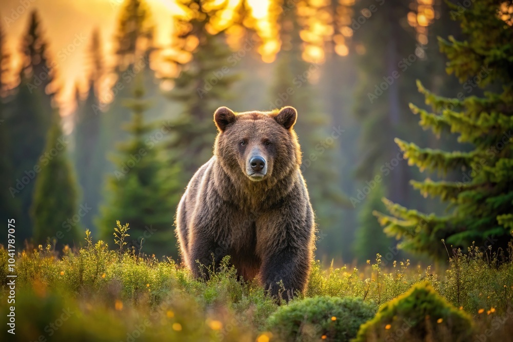 A large grizzly bear roaming freely through a dense forest landscape at dawn, animal tracks, wild animals, nature A large grizzly bear roaming freely through a dense forest landscape at dawn, animal tracks, wild animals, nature