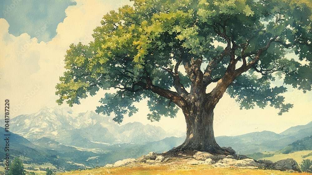 Watercolor Painting of a Tree in a Mountain Landscape Watercolor Painting of a Tree in a Mountain Landscape
