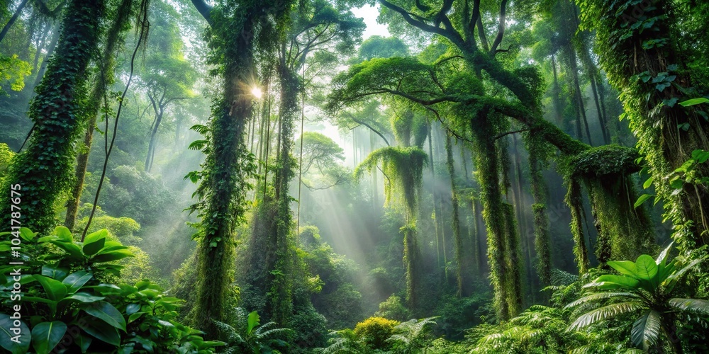 Naklejka premium Aerial view of rainforest canopy with tall trees covered in vines and plants