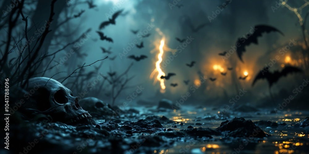 Fototapeta premium This spooky skull rests along a swampy river at twilight, with bats flying through a misty sky, perfect for Halloween projects.