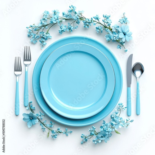 Bright blue dinner plates surrounded by delicate blue flowers and silver cutlery on a white background. photo