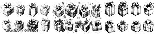 Modern illustration of Christmas or birthday gift boxes. Black doodle on white background. Gift boxes silhouettes.