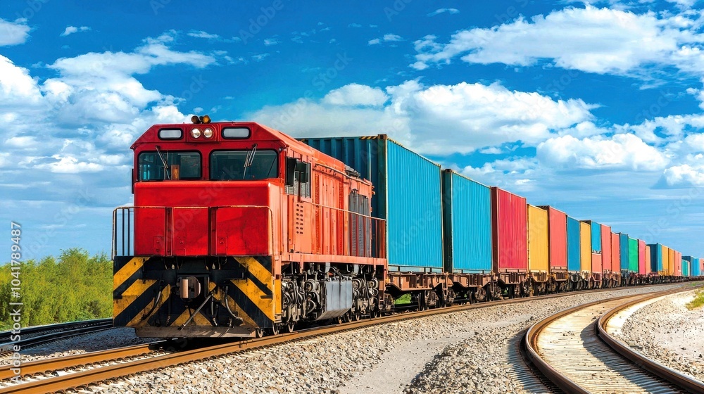 Obraz premium Red freight train transporting colorful containers along a curved railway track, Design a multi-modal transportation strategy to leverage rail