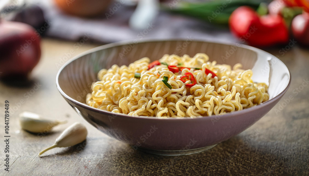 Bowl of instant noodles in ceramic bowl with pepper and onion on table. Asian food. Delicious dish. Bowl of instant noodles in ceramic bowl with pepper and onion on table. Asian food. Delicious dish.