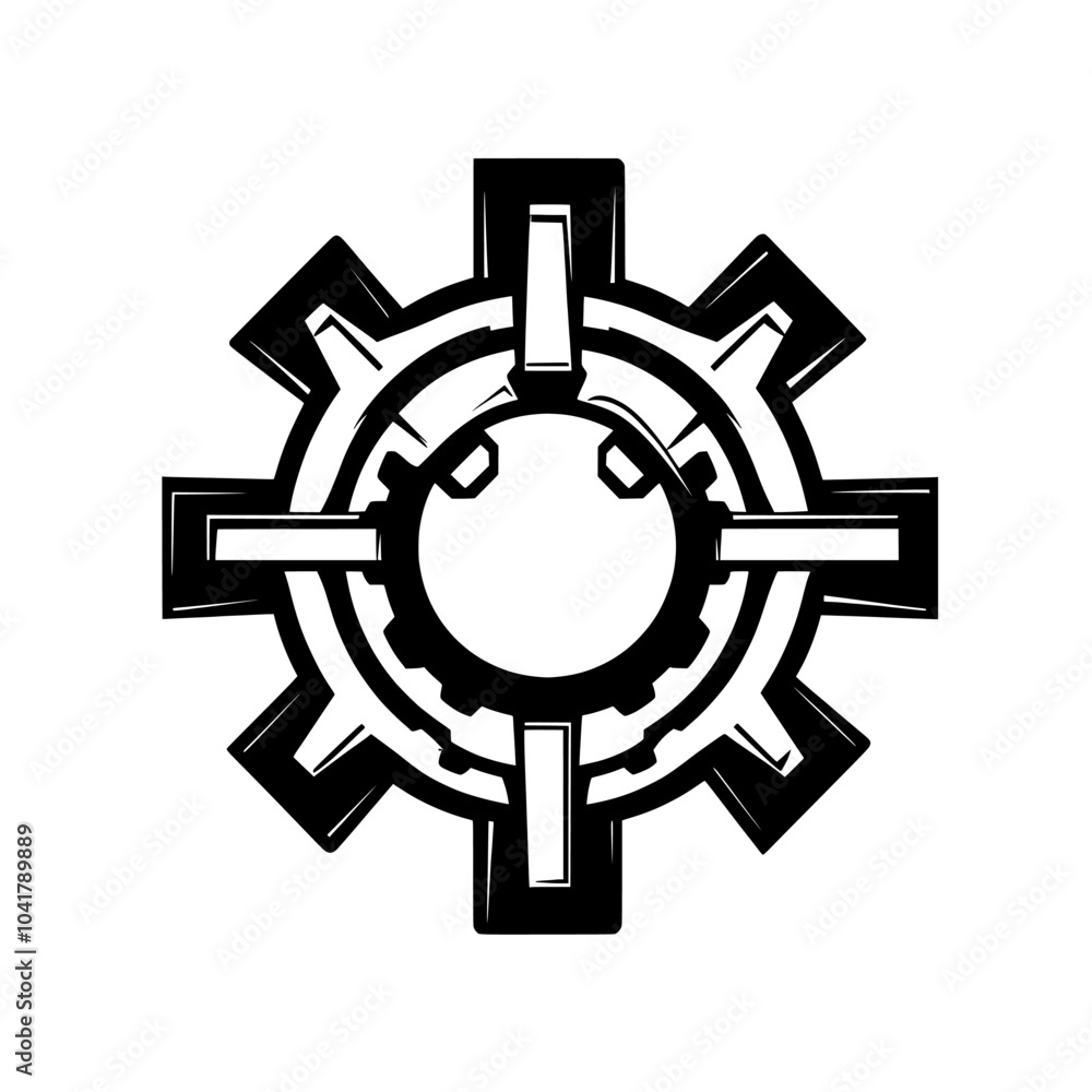 A wrench installs gear in monochrome. Simple modern black ink drawing on transparent background. A wrench installs gear in monochrome. Simple modern black ink drawing on transparent background.