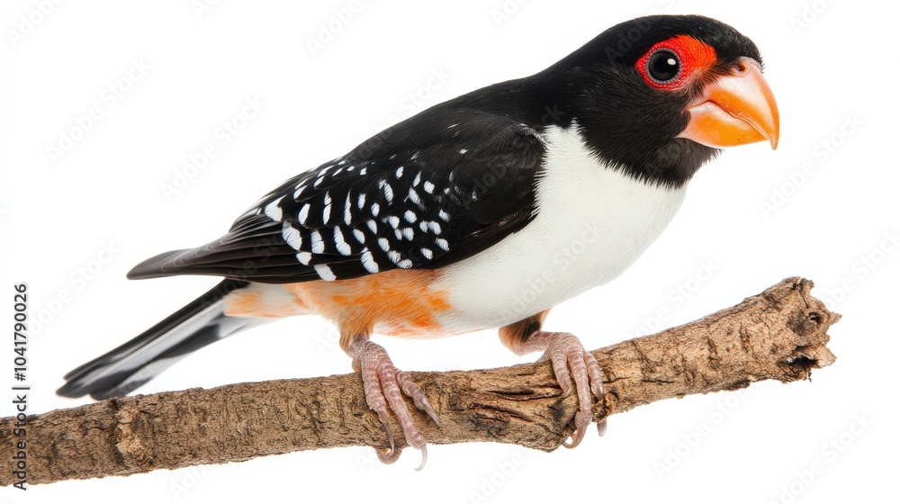Fototapeta premium Striking black and white zebra finch perched on a branch, its vivid markings isolated on white.