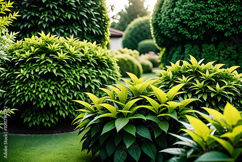 cutting bushes lush garden removes unwanted foliage quickly outdoors every summer season photo