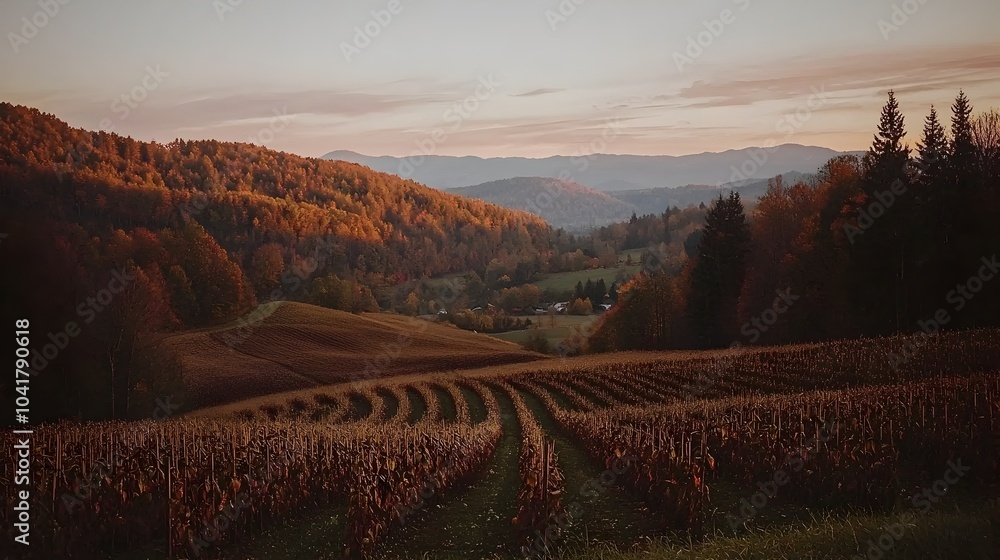 Naklejka premium A tranquil orange farm bathed in the warm glow of a vibrant sunset with the sky reflecting shades of pink and gold over the lush verdant landscape