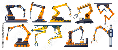 Factory mechanic robot arms, hydraulic machine hands, vector automation tools of production and manufacturing industry. Factory machinery, manipulator robot arms with grippers and welding torches