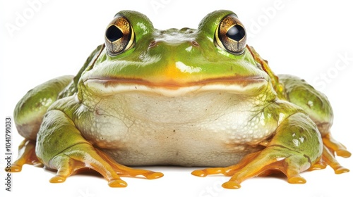 Uncommon African bullfrog, sitting still with its large, round body against a white background. photo