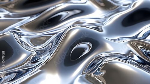Glossy Silver Metal Fluid Background with Chrome Mirror Water Effect - 3D Rendered Metallic Texture
