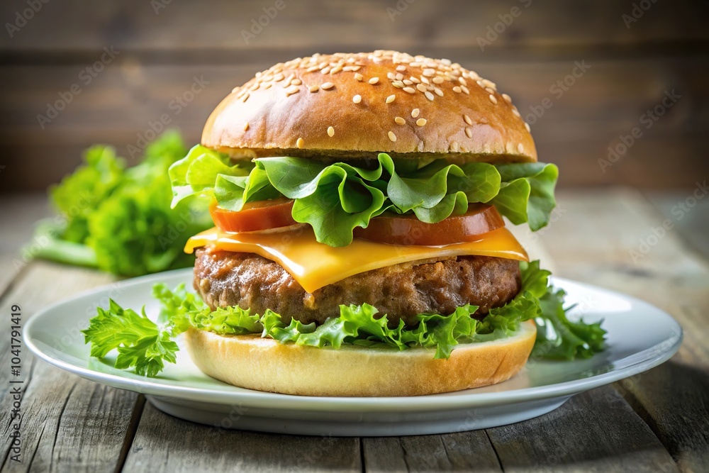 Burger with cheese and lettuce on a plate with cucumber, low angle view Burger with cheese and lettuce on a plate with cucumber, low angle view