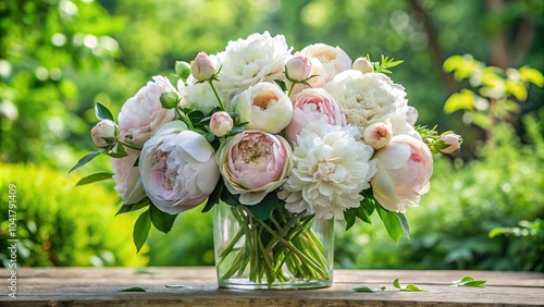 Fototapeta Naklejka Na Ścianę i Meble -  A beautiful arrangement of white peonies and pale pink roses in a glass vase surrounded by lush greenery, peonies, event decorations
