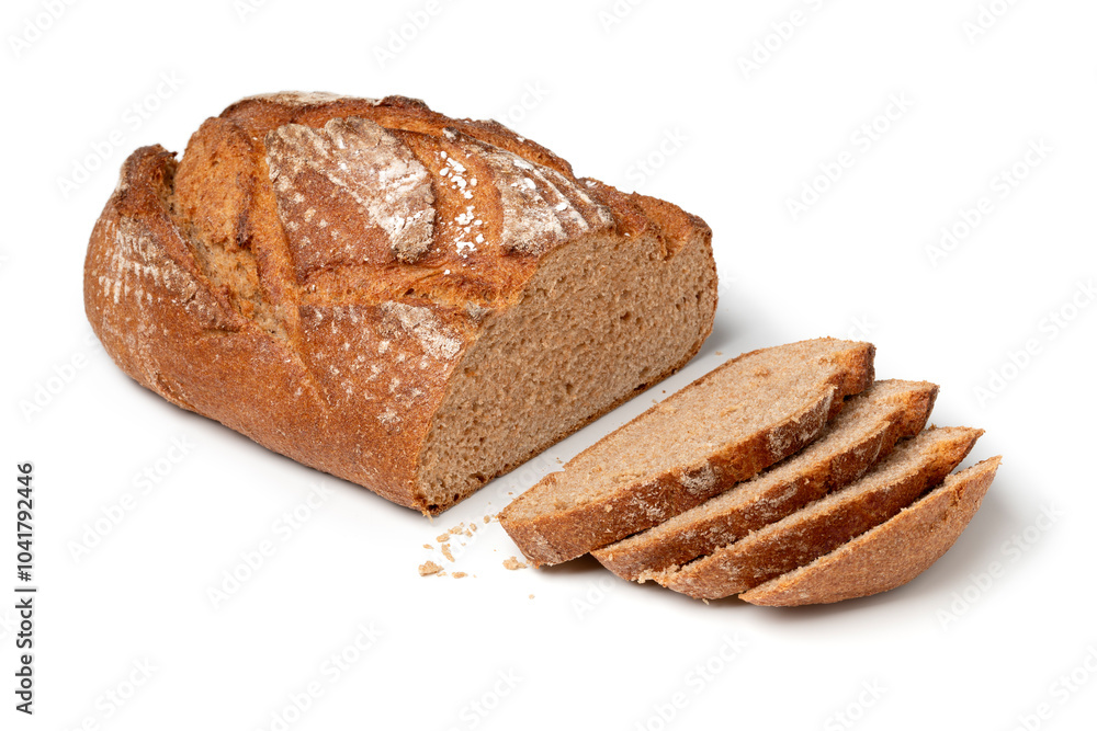 Fresh homemade whole sliced loaf of wheat and rye bread isolated on white background close up Fresh homemade whole sliced loaf of wheat and rye bread isolated on white background close up