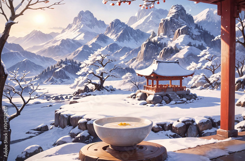 Winter landscape with a Chinese pavilion and a small bowl of Laba congee. photo