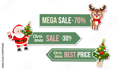 Christmas discount stickers with Santa Claus, Reindeer and Christmas tree. Design template for shopping sale, advertising. Vector illustration
