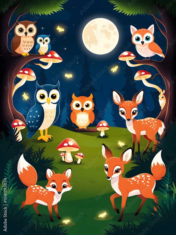 Naklejka premium Nighttime enchantment in a whimsical forest with owls, foxes, and glowing mushrooms under the full moon