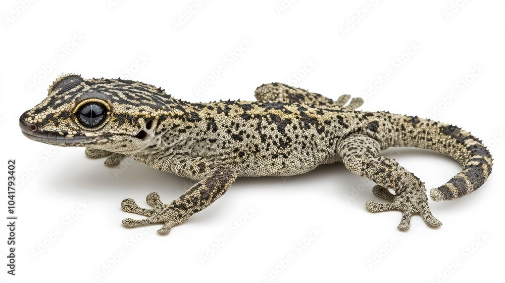 Obraz premium Uncommon leaf-tailed gecko with its intricate camouflage patterns, perched on a white background.