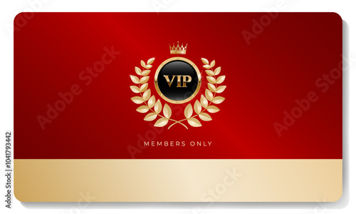 Premium VIP card in red color with golden crown, laurel wreath and other elements. Luxury design. Vector illustration