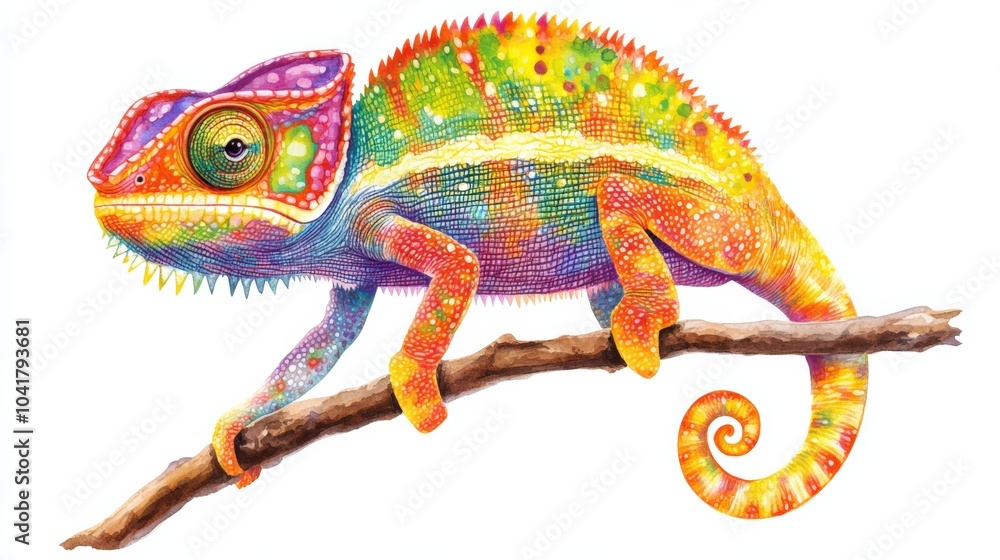 Obraz premium Uncommon pet chameleon with its tail curled, changing colors as it stands on a branch, isolated on a white background.