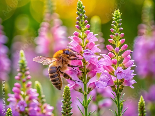 Close-Up of Bee Foraging on Pink and Purple Physostegia Virginiana Flower in Forest Meadow photo