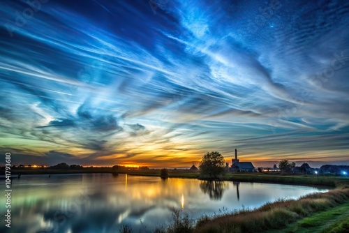 Bright silvery white Noctilucent clouds NLC reflecting against Dutch countryside at evening twilight sky photo