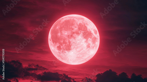 stunning full moon illuminates red sky filled with clouds, creating dramatic and captivating atmosphere. vibrant colors evoke sense of wonder and beauty